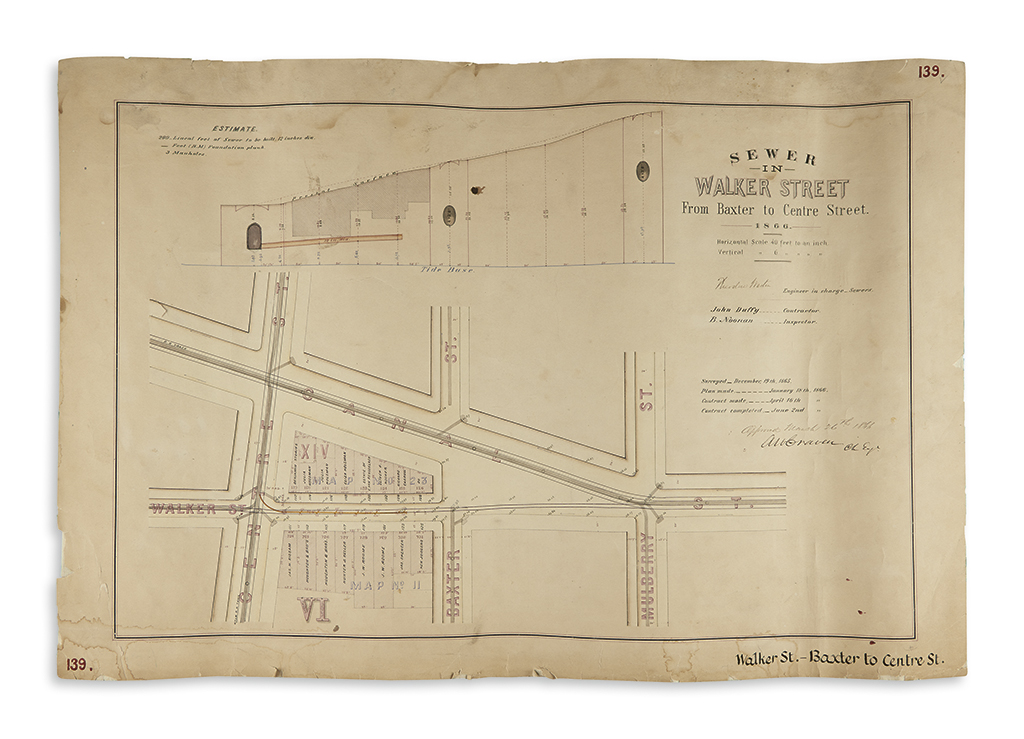 (NEW YORK CITY.) Nine finely drawn manuscript street plans delineating parts of lower Manhattans sewer network.